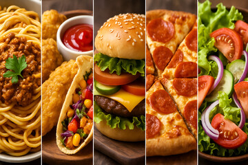 Delicious comfort food collage showcasing a variety of culinary delights for any occasion, perfect for menus, food blogs, and restaurant promotions.