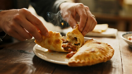 A faceless person's hands tear open a golden brown empanada to reveal the rich savory filling during a warm midday snack