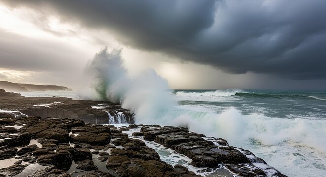 Dramatic ocean waves crashing against rocky shore under stormy sky.
