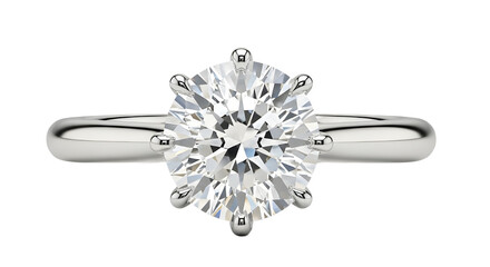 Classic round brilliant diamond solitaire engagement ring in platinum or white gold setting isolated PNG with Transparent Background