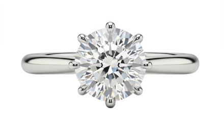 Classic round brilliant diamond solitaire engagement ring in platinum or white gold setting isolated PNG with Transparent Background