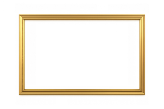 Golden empty rectangle picture frame with classic ornate border on transparent background, reflecting light