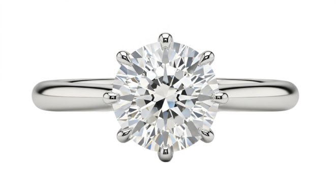 Classic round brilliant diamond solitaire engagement ring in platinum or white gold setting isolated PNG with Transparent Background