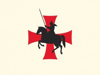 Silhouette of a knight on horseback with a lance against a red cross