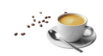 transparent ceramic coffee cup, rich dark brown coffee with golden crema, a silver demitasse spoon, and scattered beans on a transparent studio background, premium coffee experience concept