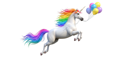 Majestic unicorn prancing with vibrant rainbow mane and tail, holding colorful balloons, bringing fantasy and joy, magical creature illustration