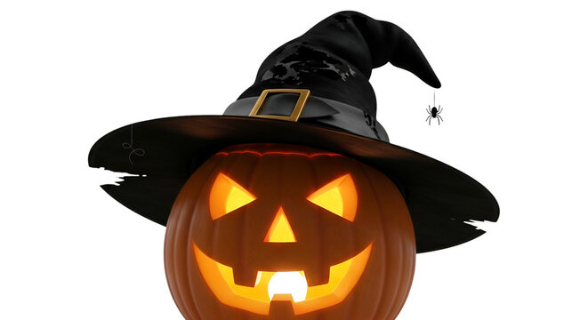 Spooky jack-o'-lantern wearing a witch hat evokes Halloween thrills and chills, perfect for autumn designs and festive holiday promotions