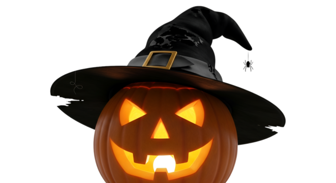 Spooky jack-o'-lantern wearing a witch hat evokes Halloween thrills and chills, perfect for autumn designs and festive holiday promotions