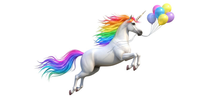 Majestic unicorn prancing with vibrant rainbow mane and tail, holding colorful balloons, bringing fantasy and joy, magical creature illustration