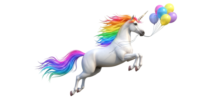 Majestic unicorn prancing with vibrant rainbow mane and tail, holding colorful balloons, bringing fantasy and joy, magical creature illustration