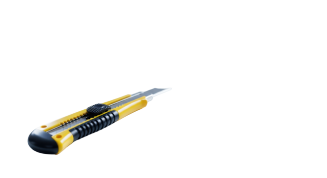 Bright yellow utility knife with black grip, blade retracted, resting diagonally on a transparent desk with a blurred blueprint in background, concept of strategic precision and innovation