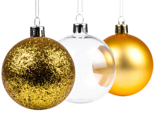 Three christmas ornaments, gold, clear and yellow, isolated on transparent background, hanging on display