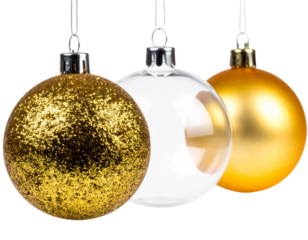 Three christmas ornaments, gold, clear and yellow, isolated on transparent background, hanging on display