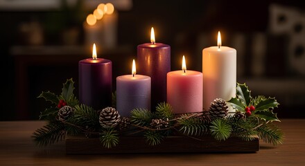 Advent wreath with five lit candles in purple, pink, and white, surrounded by pine branches and pine cones on a wooden surface.