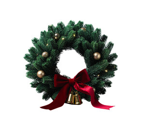 Festive christmas wreath with red bow and golden bells isolated on transparent background