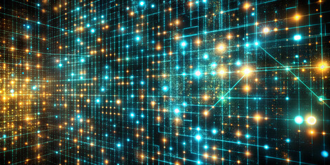 A vibrant digital grid displays a web of glowing blue and orange particles, creating an energetic atmosphere that suggests technological advancement and data flow