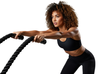 Dynamic young woman actively performing battle ropes exercise, intense full-body fitness workout, powerful strength training isolated on transparent background, png