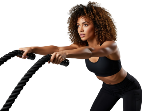 Dynamic young woman actively performing battle ropes exercise, intense full-body fitness workout, powerful strength training isolated on transparent background, png