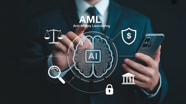 AI powered anti money laundering system concept with businessman and modern technologies