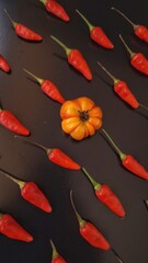 Red chilies are arranged diagonally with yellow tomatoes in the middle. Red chilies are arranged...