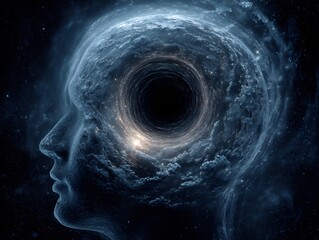 Cognitive boundaries understanding quantum law human mind visualized as glowing black hole of thought