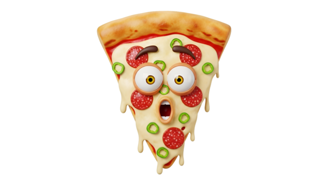 Hilarious pizza slice with cartoon eyes and mouth expressing shock, perfect for food blogs, quirky menus, and playful restaurant promotions