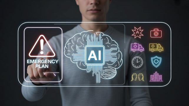 Artificial intelligence medical emergency plan displayed on futuristic screen interface technology