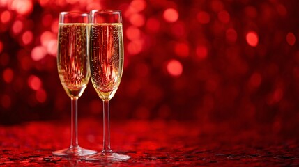 Two champagne flutes filled with sparkling wine on a red glitter background. The scene conveys celebration and festivity.