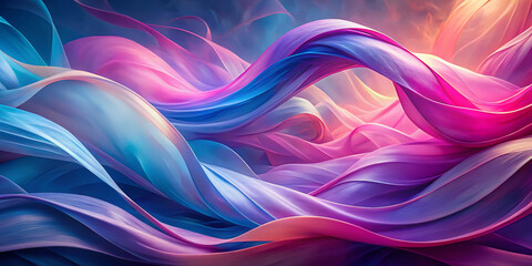 An abstract scene features flowing ribbons of blue and pink, intertwining in soft waves. The colors blend harmoniously, creating a vibrant and dreamlike atmosphere reminiscent of fluid art