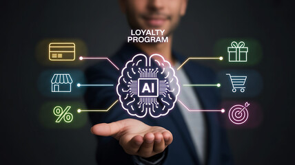 AI powered Loyalty Program Concept with Neural Network and Marketing Icons Design