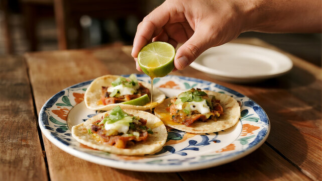 A vibrant top-down flat lay shows three gourmet tacos arranged on a colorful plate with assorted fresh ingredients and salsa on a rustic background