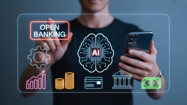 Open banking concept with artificial intelligence innovation and online financial services illustration