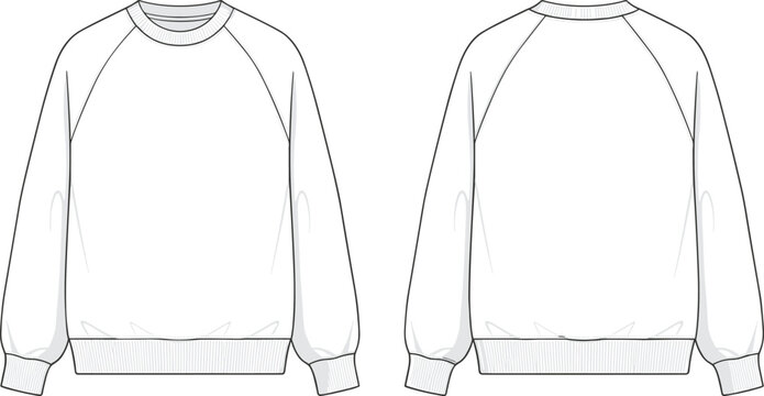 Flat vector illustration, fashion technical sketch, crewneck sweatshirt, raglan sleeve design, ribbed cuffs and hem, garment template, clothing drawing, apparel outline