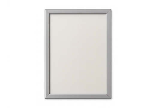 Silver frame mockup displaying an empty blank poster, customizable template with transparent background