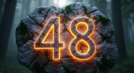 Glowing Number 48 Illuminated on a Textured Stone Surface Amidst a Forest Setting