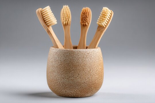 Eco-friendly bamboo toothbrushes in a stylish ceramic holder, perfect for sustainable living and oral hygiene routines - Powered by Adobe