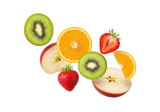 Perfectly cut, ripe, vibrant kiwi, orange, strawberry, and apple slices suspended against a transparent, shadowless studio background with copy space, natural goodness and healthy lifestyle concept