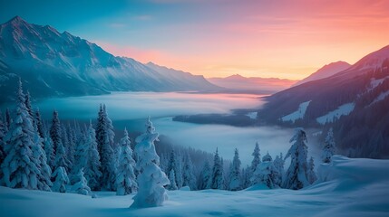 Cinematic Turquoise and Pink Winter Landscape at Sunrise