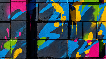 Colorful graffiti decorates a series of concrete blocks in an urban area. Vivid shades of blue, pink, yellow, and green create dynamic patterns in natural light