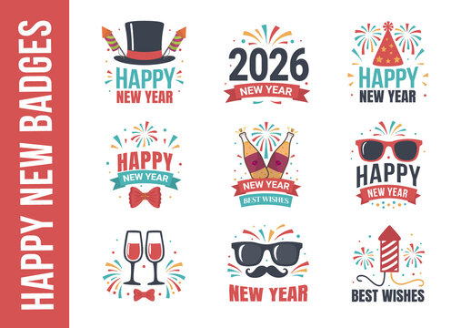 Happy New Badges And Logo Set Design Layout