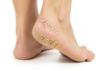 Close-up of bare feet with dry cracked skin on the heels on a white background. Medical detail of skin condition. Concept of foot care, dryness, and skincare treatment