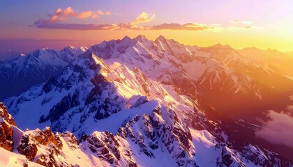 A breathtaking panoramic view of a vast, snow-covered mountain range illuminated by the golden and pink hues of a setting sun.