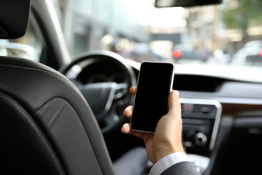 Uber driver uses smartphone while waiting for passengers in a busy urban setting during the day
