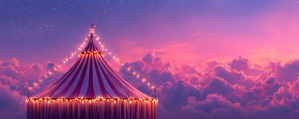 Bright circus tent glowing under starry night concept. A vibrant circus tent against a stunning twilight sky.