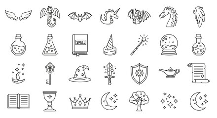 Fototapeta premium Enchanting vector art set featuring a delightful array of magical and fantasy elements designs
