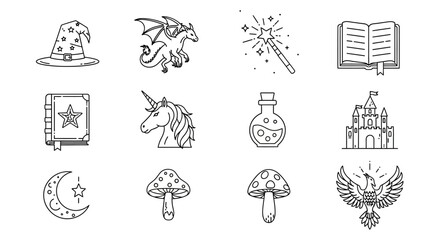Enchanting icons and mystical vector elements for fairytales themed designs line art
