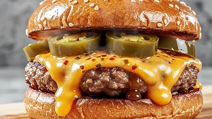 Close-up of a mouthwatering gourmet spicy jalapeno cheeseburger with gooey melted cheese juicy beef patty and fresh green chili peppers on a sesame seed  - Powered by Adobe