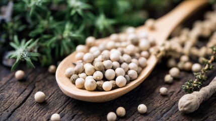 White peppercorns on wooden spoon with herbs. Generative AI