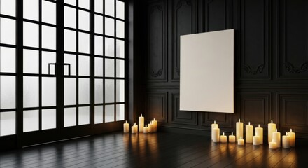 Moody minimalist interior with black glass doors, dark paneled wall, large blank canvas and many glowing candles on dark wooden floor