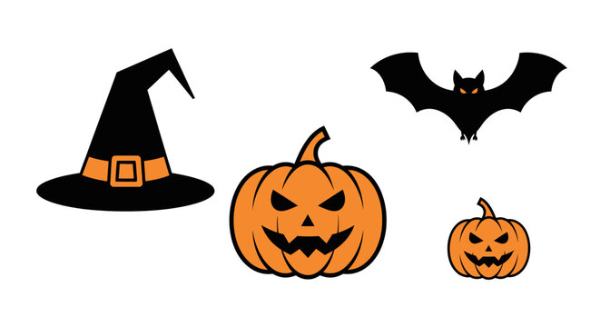Spooky halloween vector illustration featuring a witch hat, pumpkins and a bat for holiday season